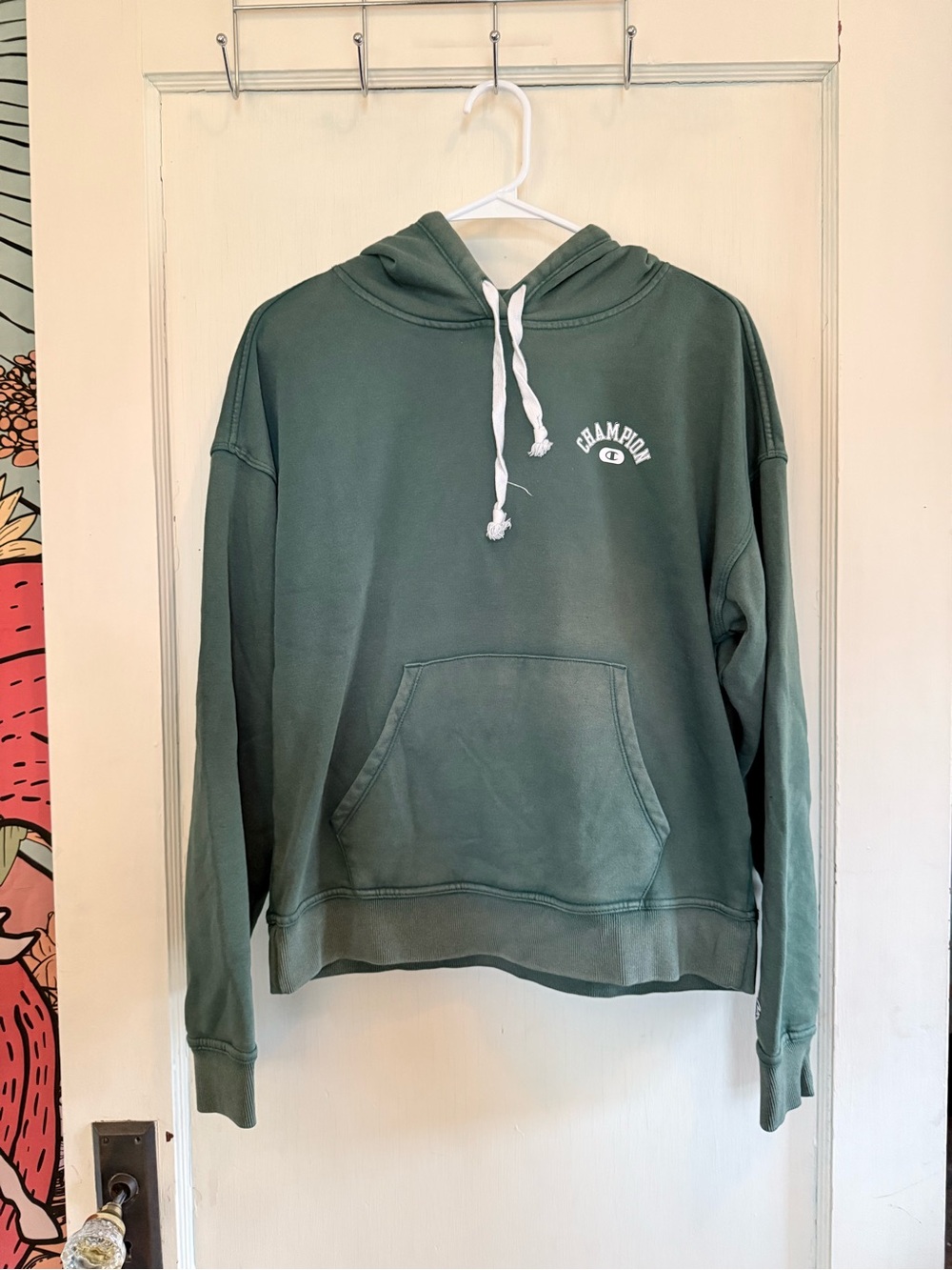 Champion Forest Green Pullover Hoodie with White Drawstrings
